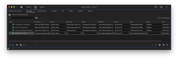 Adobe premiere bin with metadata